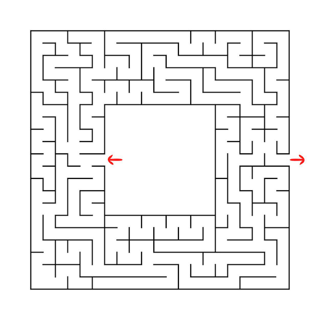 Um labirinto quadrado com entrada e saída.