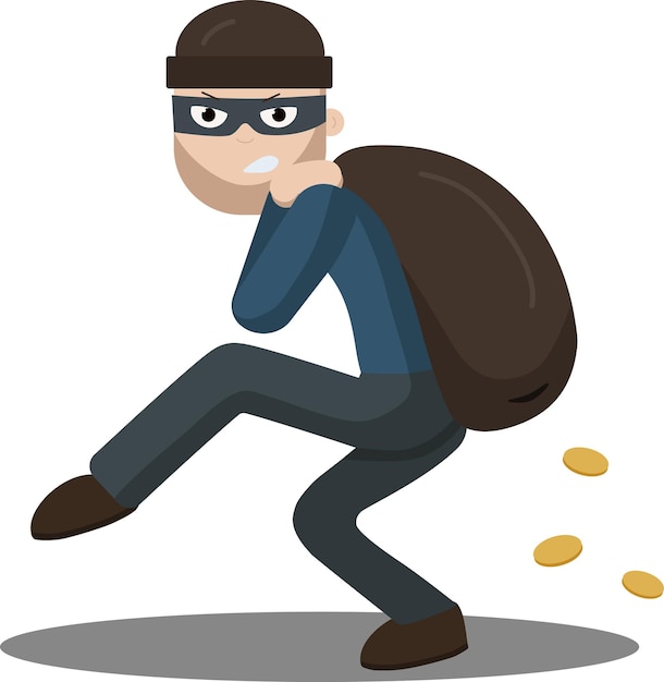 Um ladrão mascarado com um saco de dinheiro foge