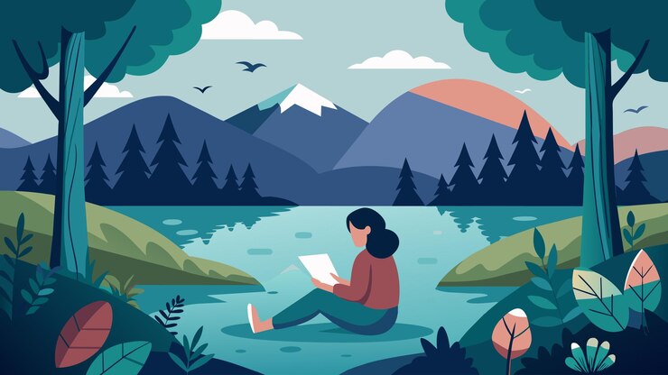 Vetor um lago isolado no meio da floresta com uma figura solitária lendo as escrituras enquanto rodeado por
