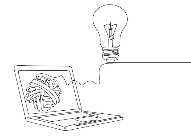 Um laptop com uma lâmpada e o desenho de um laptop com o desenho de um cérebro.