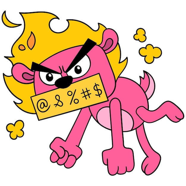 Um leão está muito zangado com fogo e maldições, arte de ilustração vetorial. imagem de ícone do doodle kawaii.