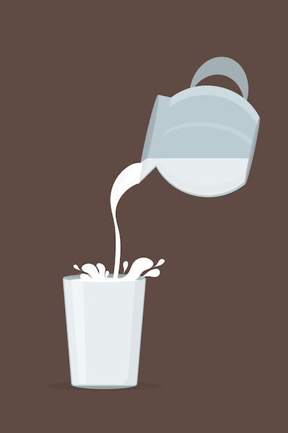 Um leite de vaca branco fresco derrama de um decantador em um copo