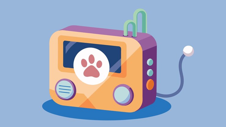 Vetor um leitor de música portátil compacto que pode ser ligado a uma caixa ou porta de animais de estimação, proporcionando uma familiar