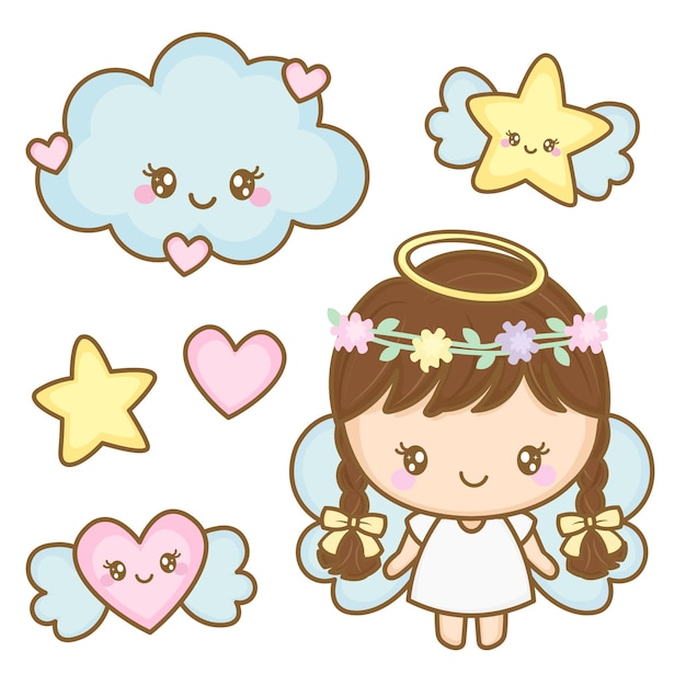 Um lindo anjo menina com estrela da nuvem e desenhos de coração no estilo kawaii