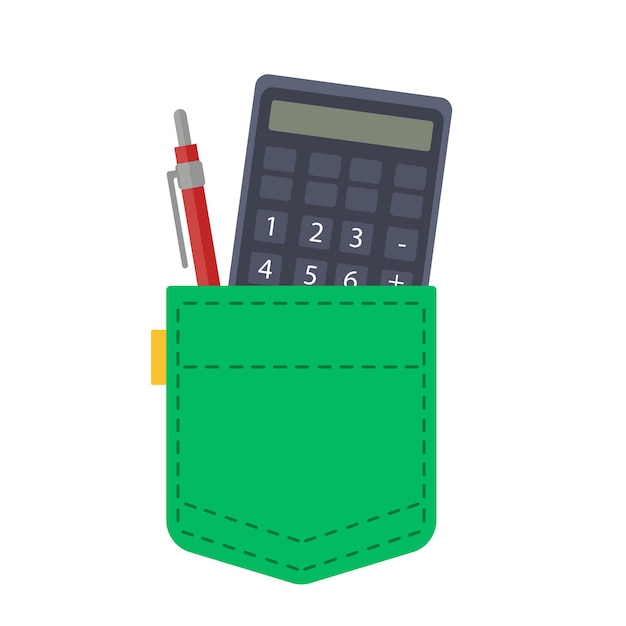 Um lindo bolso verde contendo uma calculadora e um lápis com uma caneta as roupas de um engenheiro