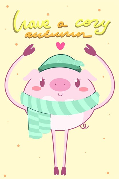 Vetor um lindo cartão postal de outono com um porco sorridente em um chapéu e um lenço