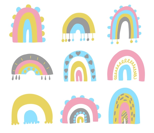 Um lindo conjunto de arco-íris desenhados à mão Vector de moda para bebês