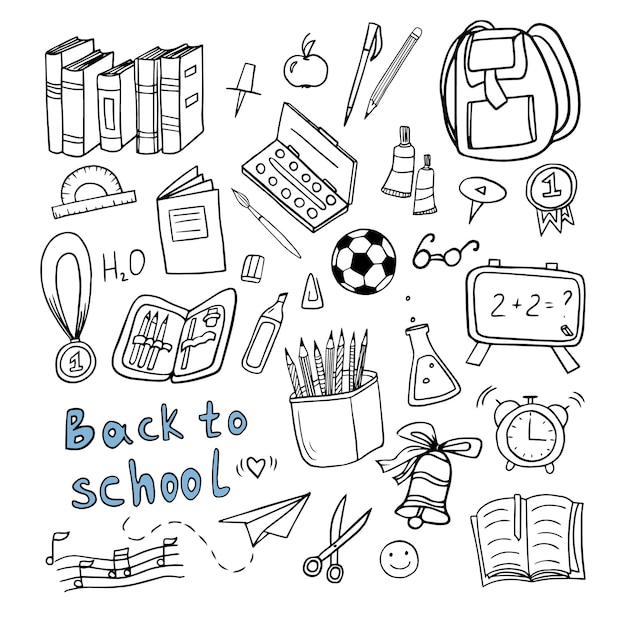 Vetor um lindo conjunto de desenhos à mão de back to school em estilo doodle ótimo para banner web de design de tecido têxtil