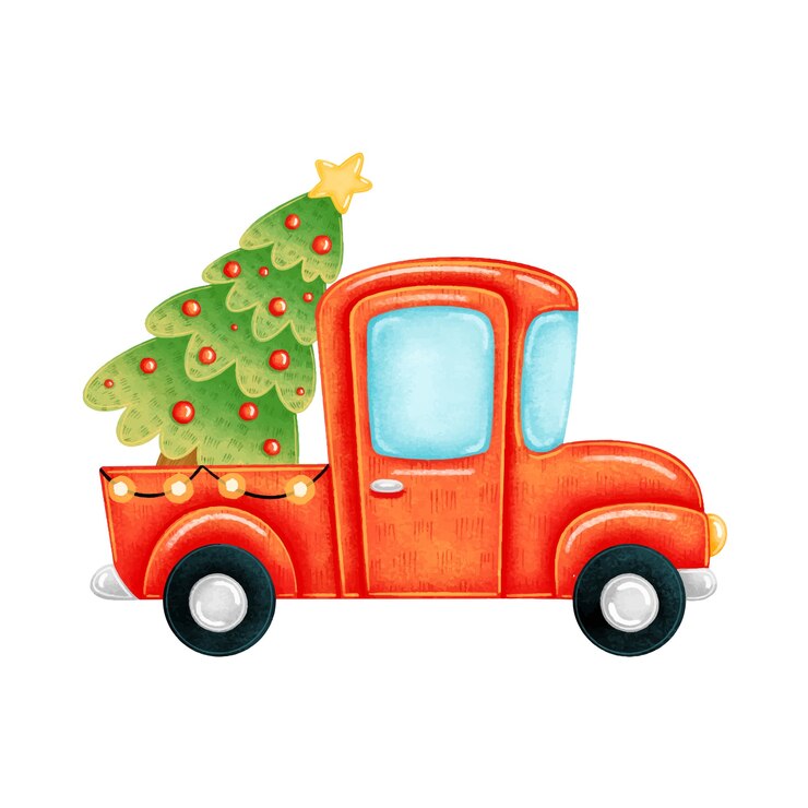 Vetor um lindo desenho animado vermelho caminhão com uma árvore de natal