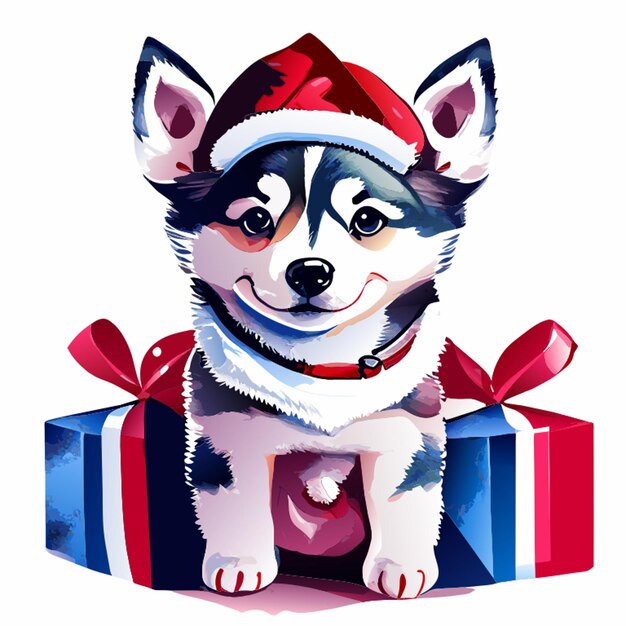 Vetor um lindo e adorável cachorrinho husky de natal usando um chapéu de papai noel com presentes, aquarela, tinta aquarela