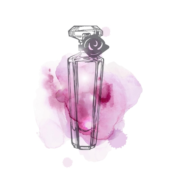 Vetor um lindo frasco de perfume em um fundo lilás aquarela. elementos de perfume feminino para design