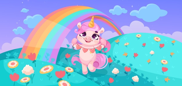 Um lindo personagem de unicórnio de pé em um prado colorido com flores arco-íris céu fantasia ilustração estilo de desenho animado em um fundo vibrante conceito de magia e felicidade ilustração vetorial