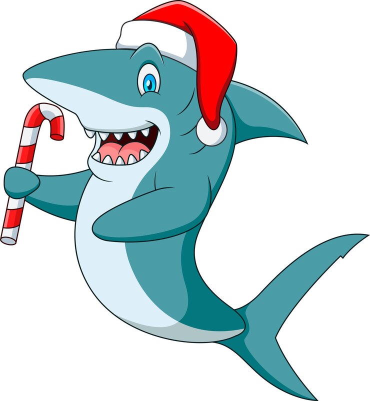 Vetor um lindo tubarão de desenho animado com um chapéu de papai noel segurando uma cana de doces