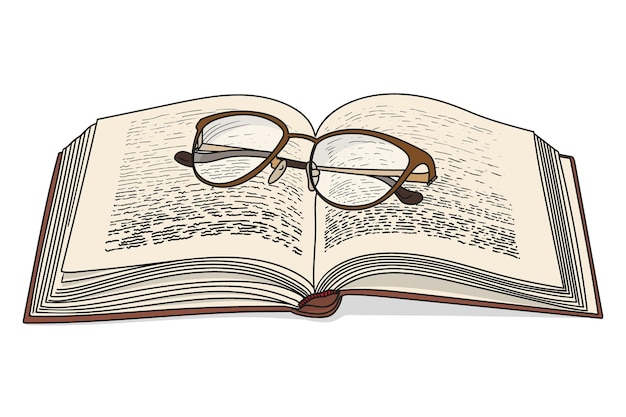 Um livro aberto com óculos isolado no fundo branco.