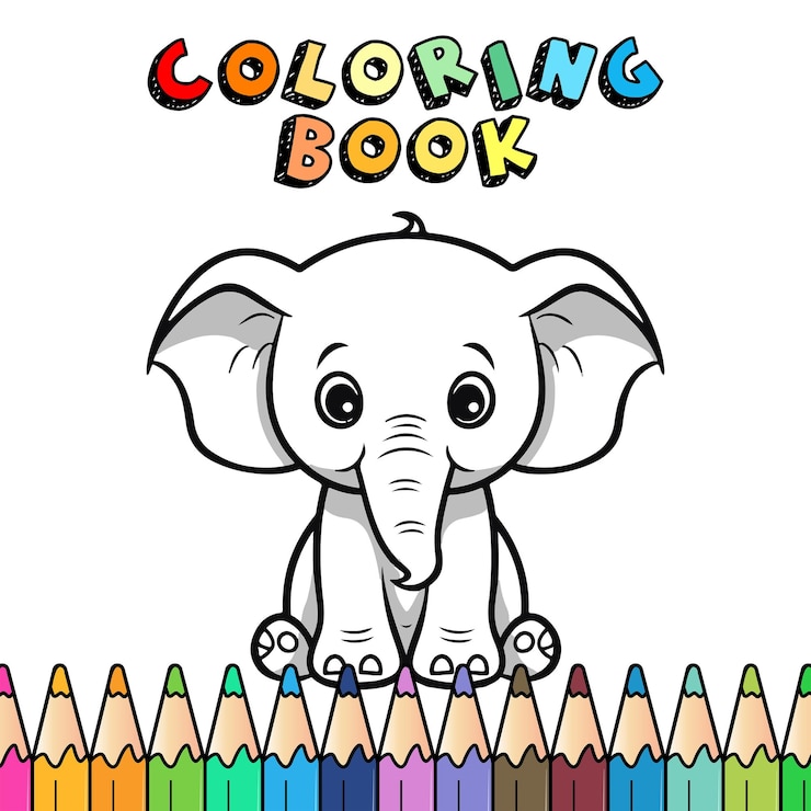 Vetor um livro de colorir com a imagem de um bebê elefante sentado em cima de uma fileira de lápis de cor.
