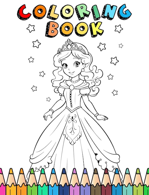 Um livro de colorir para princesas é mostrado com as palavras princesa no topo