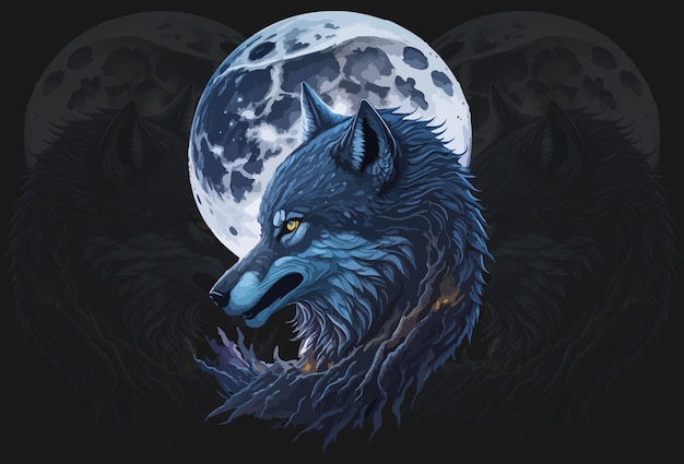 Vetor um lobo azul com lua cheia no fundo