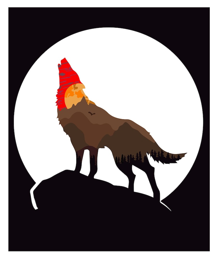 Vetor um lobo com um chapéu vermelho fica em uma rocha na frente da lua cheia.