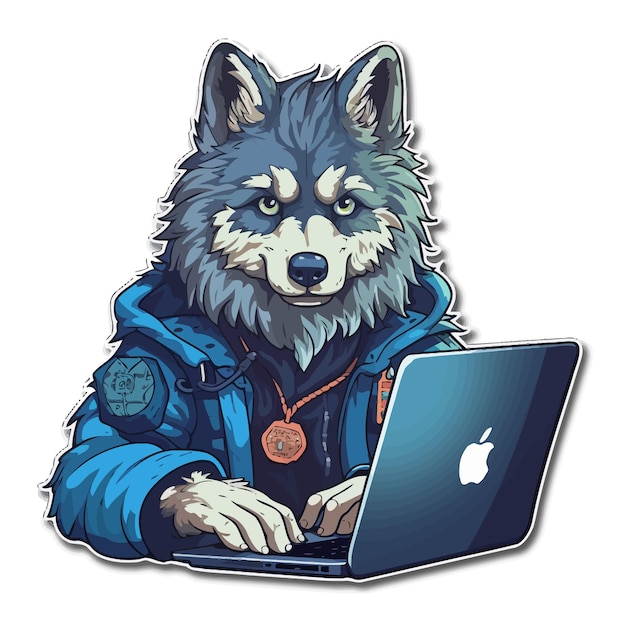 Um lobo está sentado em um laptop e tem uma foto de um lobo nele.