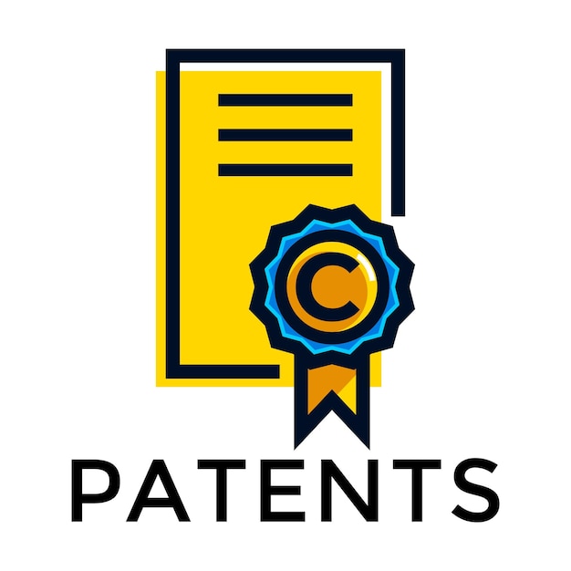 Um logotipo amarelo e azul que diz patentes.