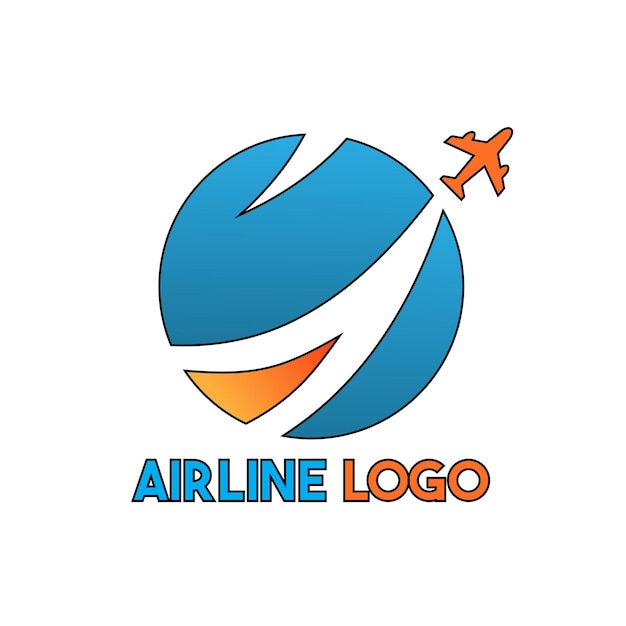 Um logotipo azul e laranja com um avião voando no meio.