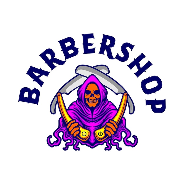 Um logotipo de barbearia com uma caveira e ossos