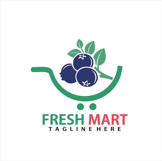 Um logotipo de frutas frescas com uma cesta de compras em design vetorial