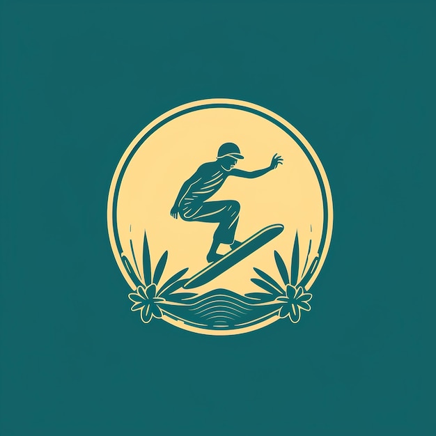 Um logotipo de skate de estilo livre dançando longboard no sol e na planta