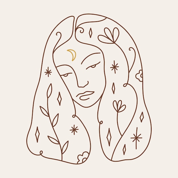 Um logotipo linear de desenho de linha ou arte de ícone boho sagrado mulher mágica símbolo místico rótulo plano