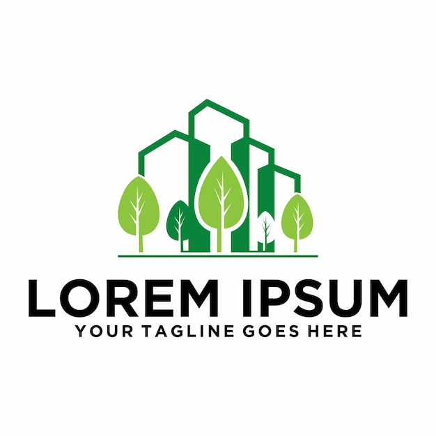 Um logotipo para uma empresa imobiliária com uma cidade verde e árvores.