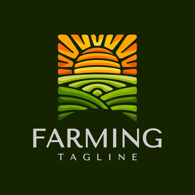 Um logotipo para uma fazenda com um sol e um campo verde