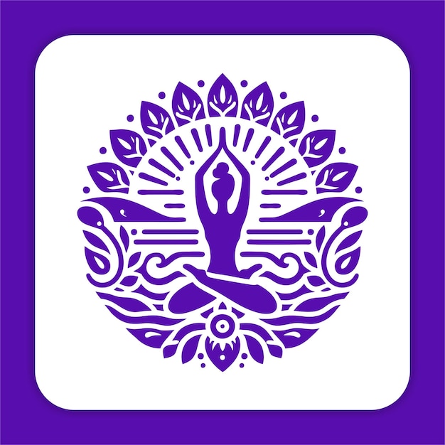 Vetor um logotipo roxo e branco com uma flor azul e um símbolo de uma mão mantida no centro