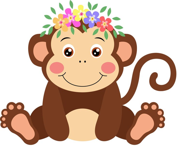 Vetor um macaco adorável sentado com uma coroa floral na cabeça.