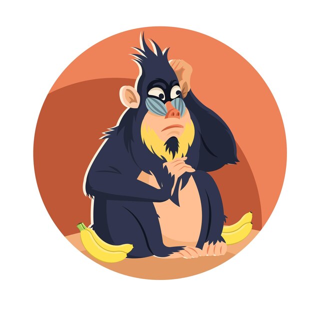 Um macaco de olhos azuis e óculos está sentado em uma mesa com bananas no meio.
