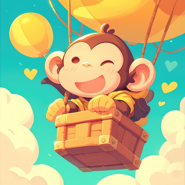 Um macaco está voando um balão de ar quente estilo desenho animado