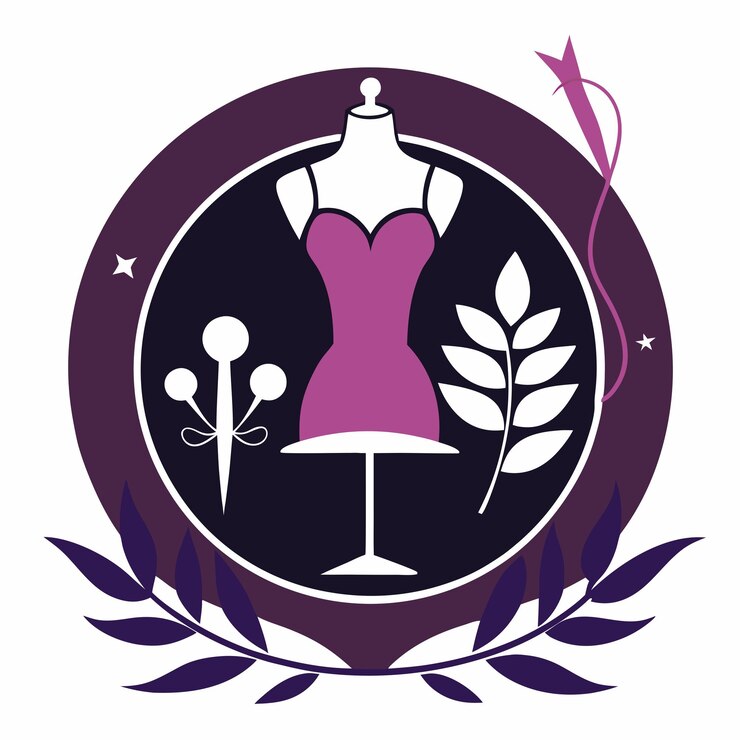 Vetor um manequim com um vestido roxo é exibido em um círculo