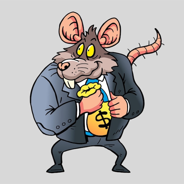 Um mascote de rato feio escondendo um saco de dólar em seu terno