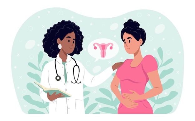 Vetor um médico de família preto fala com uma paciente com endometriose uterina uma mulher está de pé e sofre de dor abdominal menstrual mês de conscientização sobre endometriose