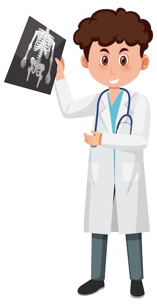 Um médico do sexo masculino segurando o personagem de desenho animado de filme de raio-x nas costas brancas