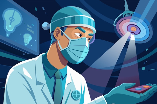 Vetor um médico usando uma máscara cirúrgica e um farol realiza uma operação delicada com uma sobreposição anatômica holográfica