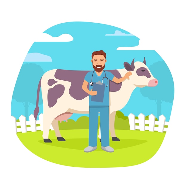 Um médico veterinário trata uma vaca Paisagem rural com um animal na fazenda