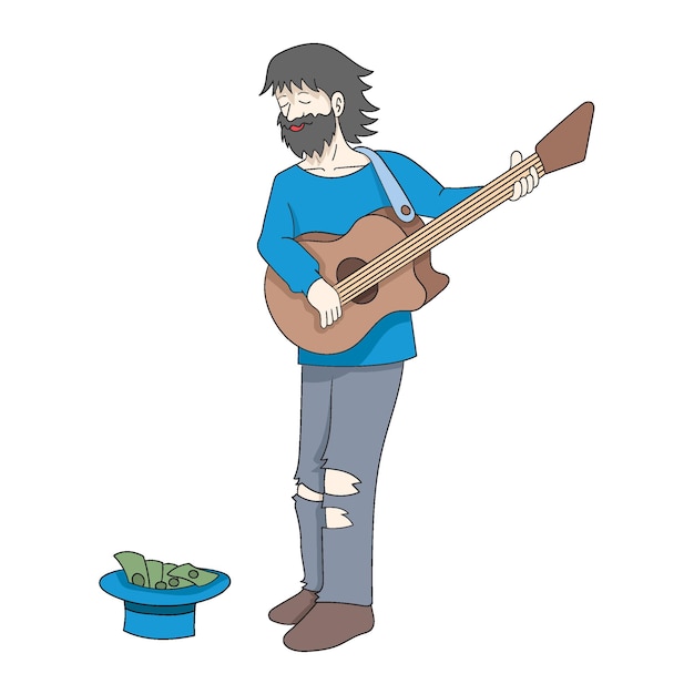 Vetor um mendigo sem-abrigo a tocar guitarra a cantar lindamente.
