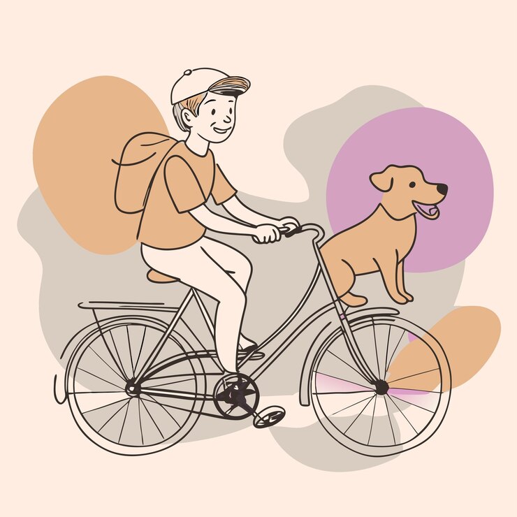 Vetor um menino andando de bicicleta com um cachorro na parte de trás