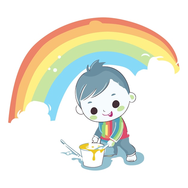Vetor um menino bonito a brincar com um balde de tinta e um arco-íris.