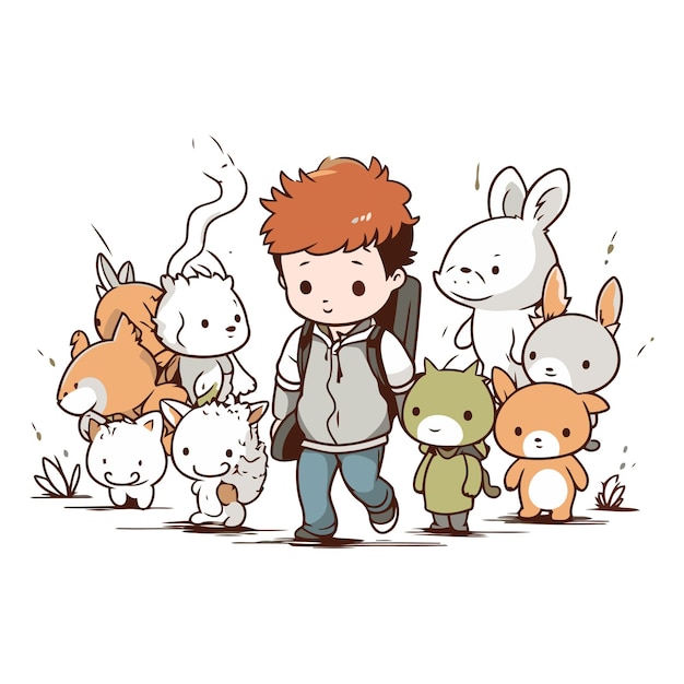 Um menino bonito a caminhar com o seu grupo de animais de desenho animado engraçados.