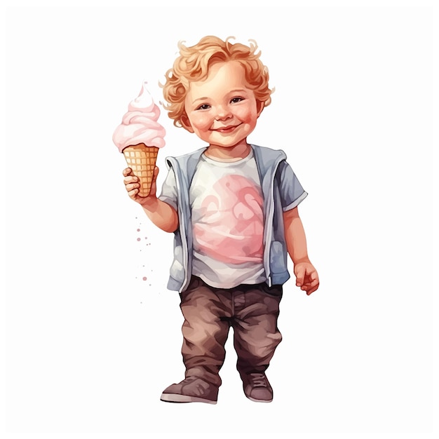 Um menino bonito a comer gelado. pintura a aquarela.