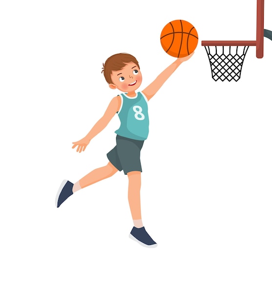 Um menino bonito a saltar a marcar um layup num jogo de basquetebol.