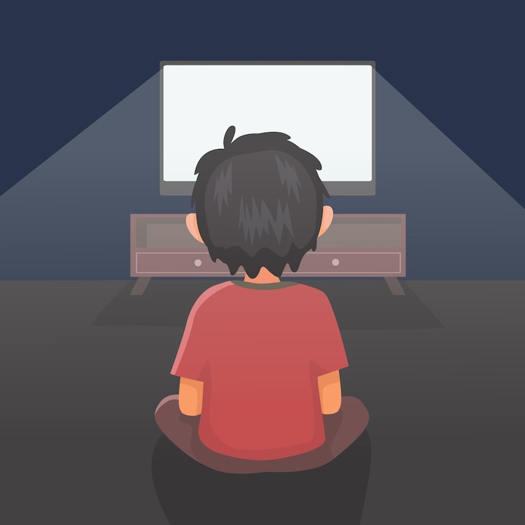 Vetor um menino bonito a ver televisão na sala escura no chão.