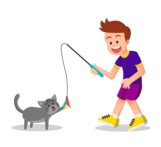 Um menino bonito brincando com seu gato