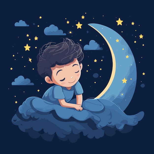 Vetor um menino bonito dormindo na ilustração vetorial da lua